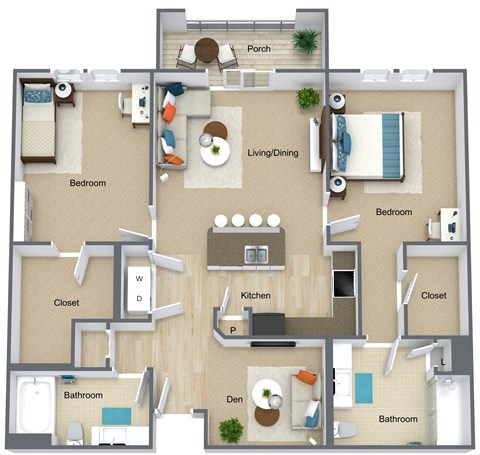 Floor plan for 2 beds, 2 baths, 1191 sqft